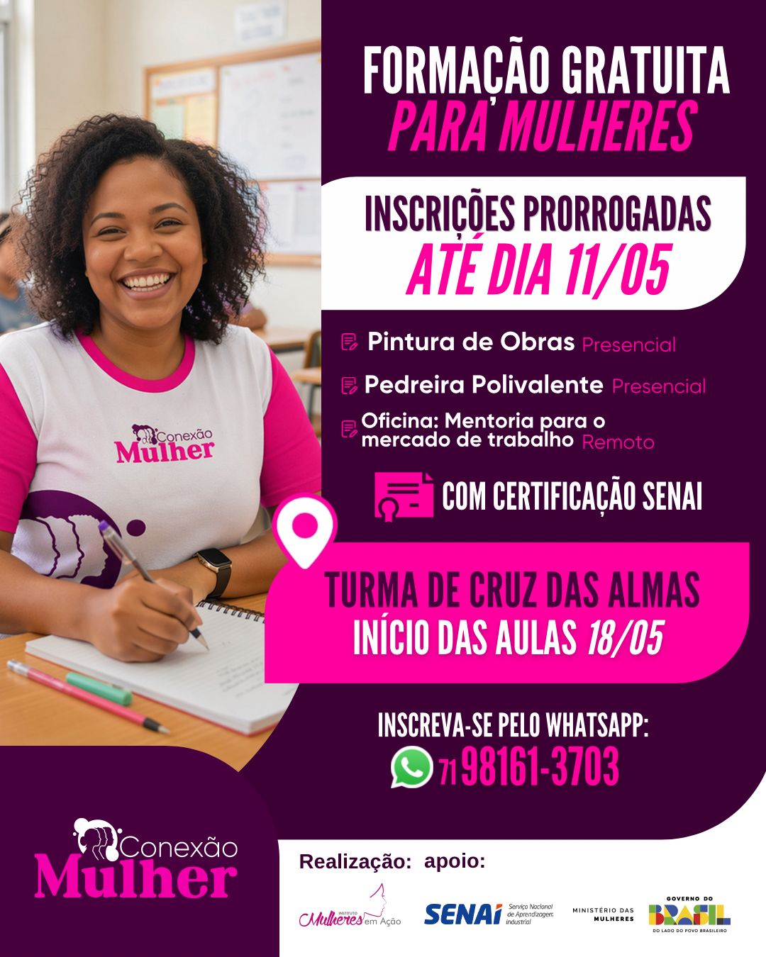 Cursos do Conexão Mulher têm inscrições prorrogadas e nova data de início